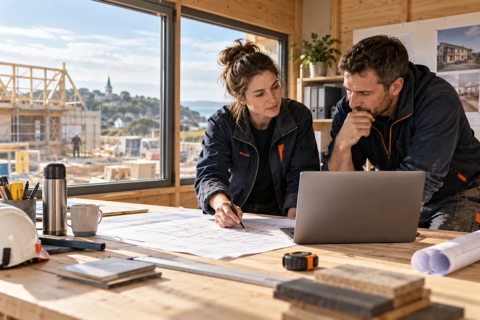 Illustration de professionnels du bâtiment étudiant leurs plans et leurs outils numériques