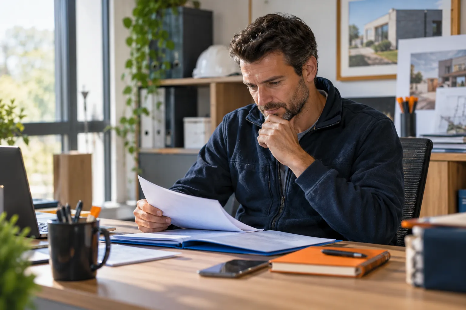 Dirigeant artisan relisant un ancien dossier client dans son bureau avant un appel — illustration générée par IA, scène fictive.