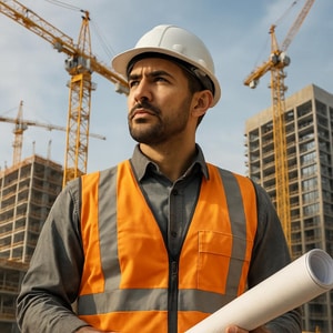 Ingénieur BTP supervisant un chantier de construction moderne