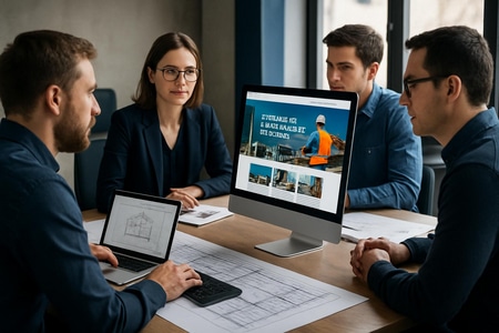 Équipe d'experts en création de site web BTP en Normandie, travaillant sur la digitalisation d'une PME du bâtiment
