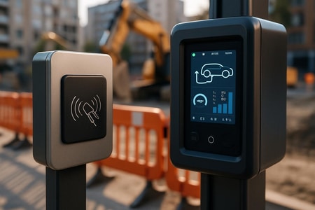 contrôle accès IRVE IA pour BTP avec badges RFID et supervision OCPP