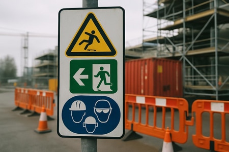 Signalisation de sécurité chantier BTP – zones dangereuses, évacuation et port des EPI