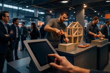 Stand attractif au salon professionnel du bâtiment avec démonstrations et capture de leads qualifiés