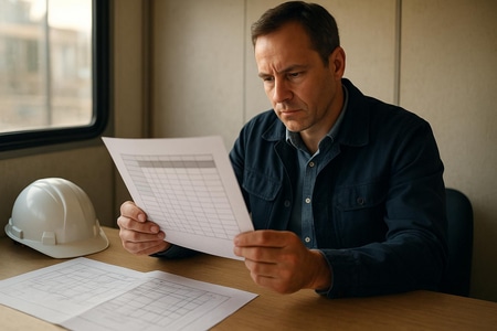 Chef d’entreprise BTP analysant une grille go no go appel d’offre sur un DCE