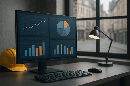 Tableau de bord reporting IA sur performances emailing pour PME BTP à Rouen, avec indicateurs de devis et chantiers gagnés