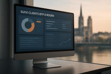 Tableau de bord IA pour suivi clients BTP à Rouen avec vue sur devis chantiers et relances commerciales en temps réel