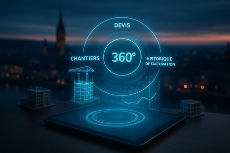 Vue 360 client BTP à Rouen dans un tableau de bord IA regroupant chantiers devis et historique de facturation