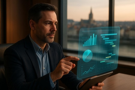 Dirigeant PME BTP Rouen utilisant un outil IA pour optimiser marges et plannings de chantiers