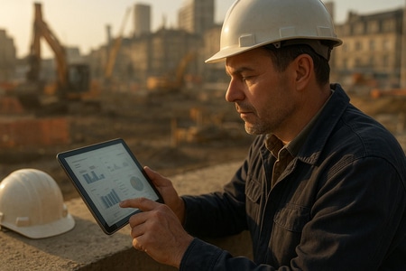 Dirigeant de PME BTP à Rouen utilisant un tableau de bord IA pour prioriser ses leads