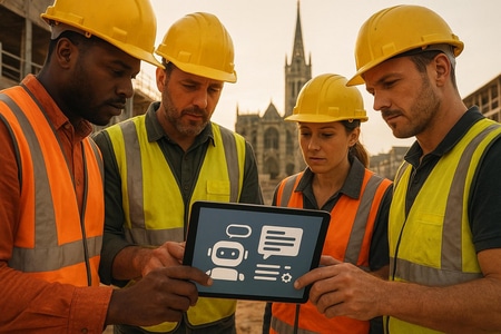 Équipe de chantier BTP à Rouen utilisant un chatbot IA connecté au CRM sur tablette