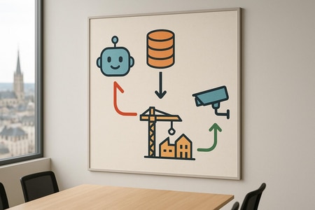 Schéma de flux d’automatisation entre chatbot IA CRM BTP et suivi des chantiers à Rouen