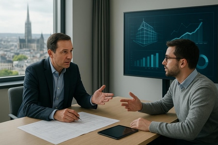 Réunion de pilotage 360 BTP avec IA à Rouen entre dirigeant de PME et expert automatisation