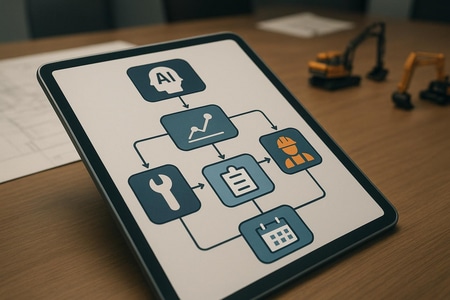 Schéma de workflow IA pour relances automatiques de maintenance BTP en Normandie medium size