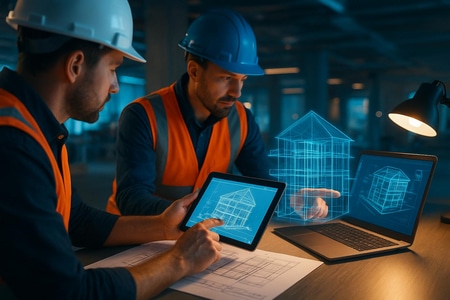 Équipe BTP préparant la présentation orale de l’offre avec support visuel et IA