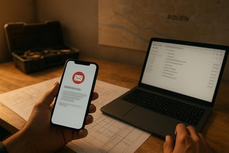 Exemple de relance automatique de facture BTP à Rouen envoyée par email et SMS grâce à lIA