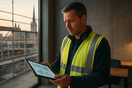 Dirigeant de PME BTP à Rouen consultant les gains de temps et de marge grâce aux relances automatiques IA