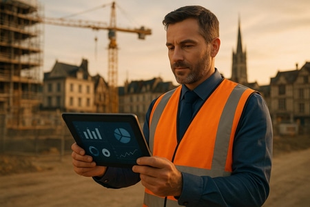 Dirigeant de PME BTP a Rouen consultant sur tablette le suivi de marge par chantier avec l IA