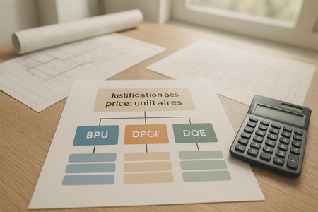 Schéma de justification des prix unitaires BTP avec BPU DPGF et DQE en appels d’offres