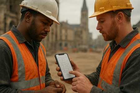 Techniciens BTP à Rouen recevant un planning dinterventions SAV optimisé par IA sur mobile