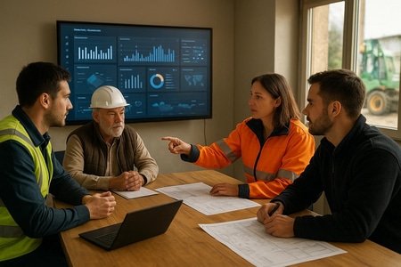 Réunion de pilotage des besoins en recrutement BTP avec un tableau de bord IA