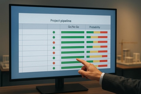 Exemple de pipeline appels d'offres BTP dans Excel avec colonnes go no go et probabilite