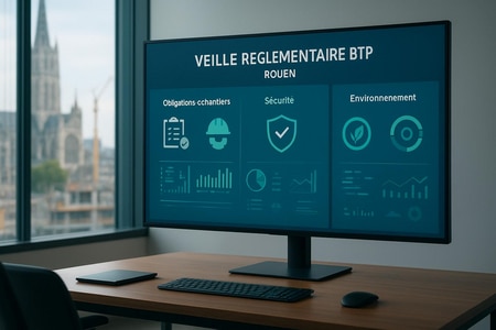Tableau de bord de veille réglementaire BTP Rouen centralisant obligations chantiers sécurité et environnement