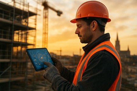 Chef de chantier qui consulte un assistant IA sur les normes BTP à jour